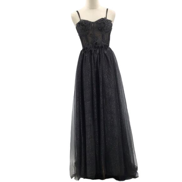 FORMAL SZ 4  S Black Glitter tulle corset lace up prom gown maxi dress NEW B101 - Picture 1 of 8